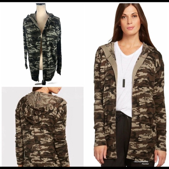 Sanctuary Camo Open Front Long Sleeve Hooded Cardigan Sweater Size Small - Picture 7 of 9
